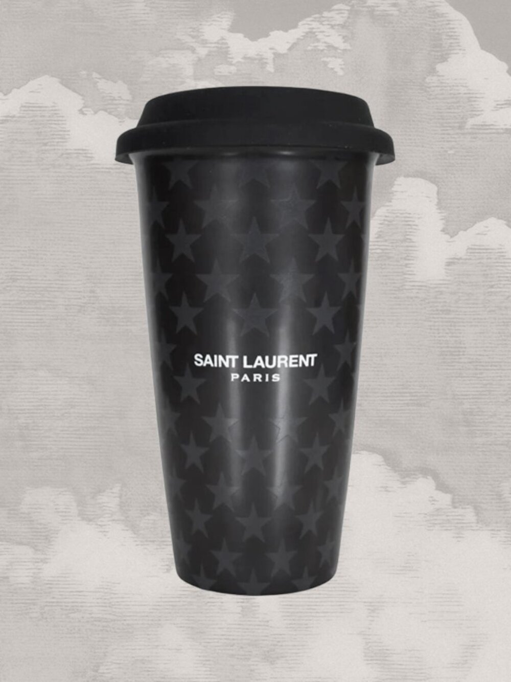 YVES SAINT LAURENT NIB Tumbler Travel Coffee Tea Mug Cup Stars Black Ceramic